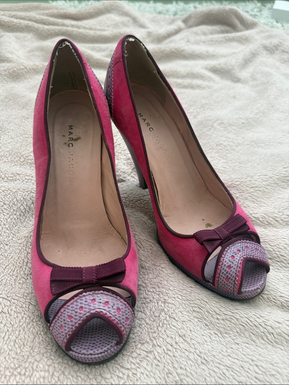 Marc Jacobs Magenta Suede Peep-Toe Heels with Bow